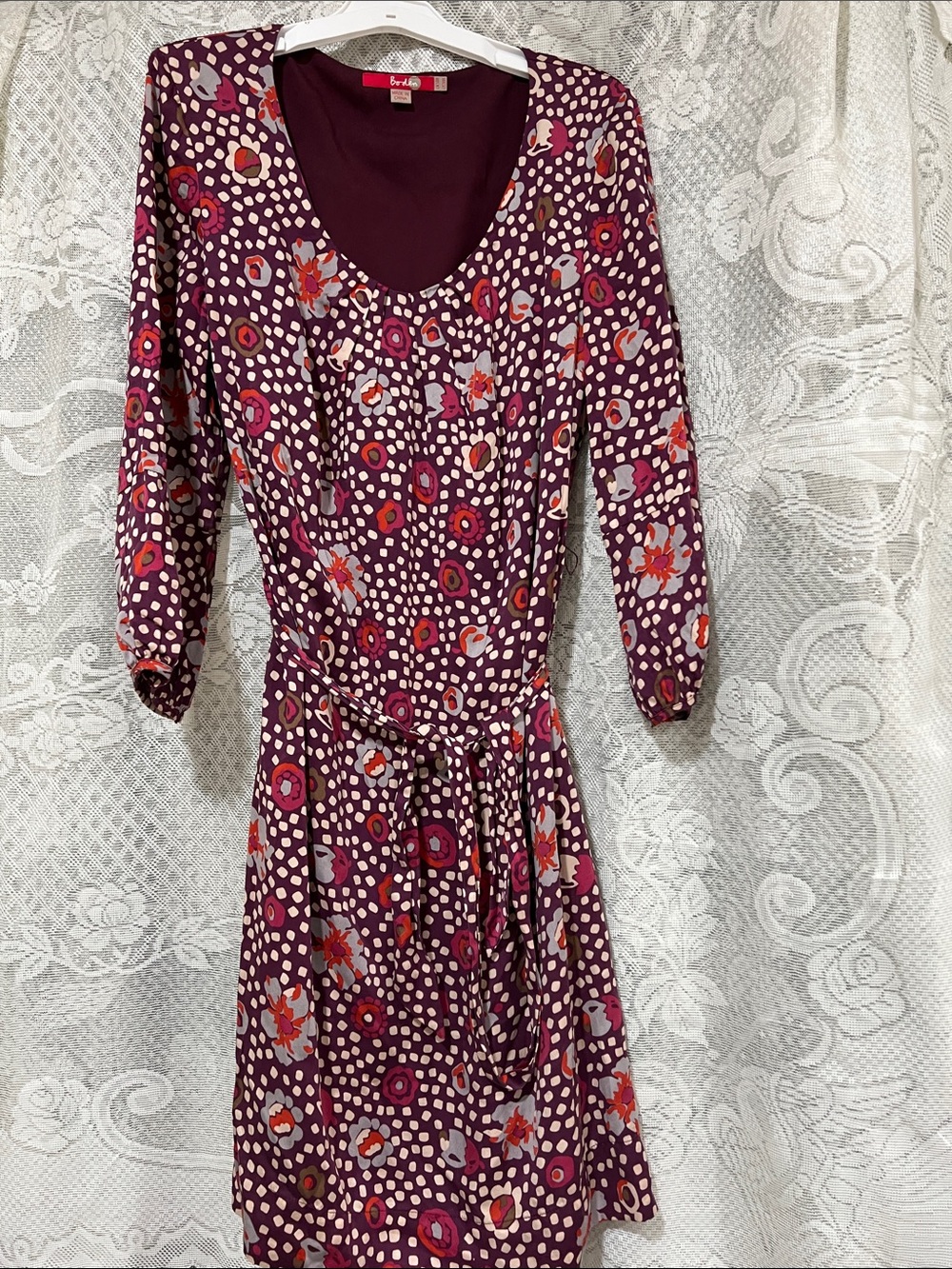 Boden Plum Floral Dot Tie-Waist Long Sleeve Dress